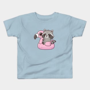 Cute Raccoon On Pink Flamingo Pool Float Kids T-Shirt